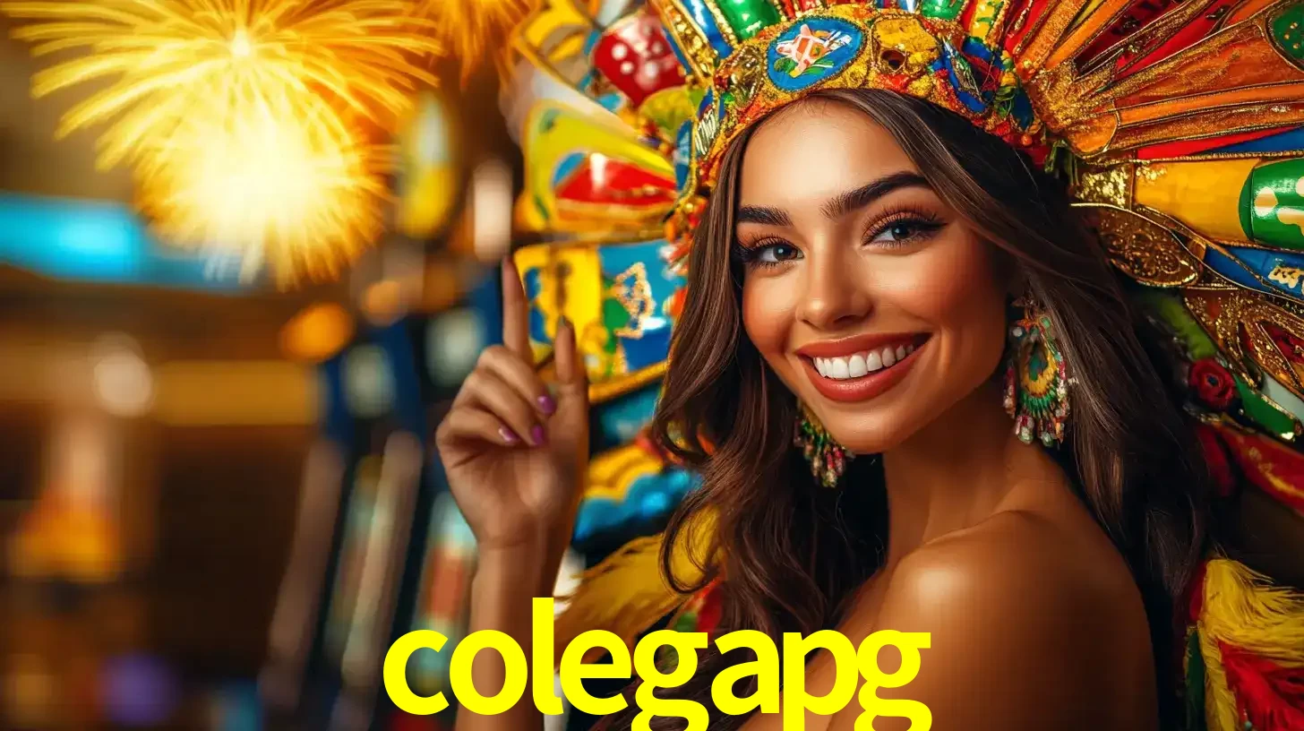 Mulher sorridente com um cocar de carnaval vibrante e colorido, celebrando uma grande vitória nos jogos do cassino colegapg com fogos de artifício ao fundo.
