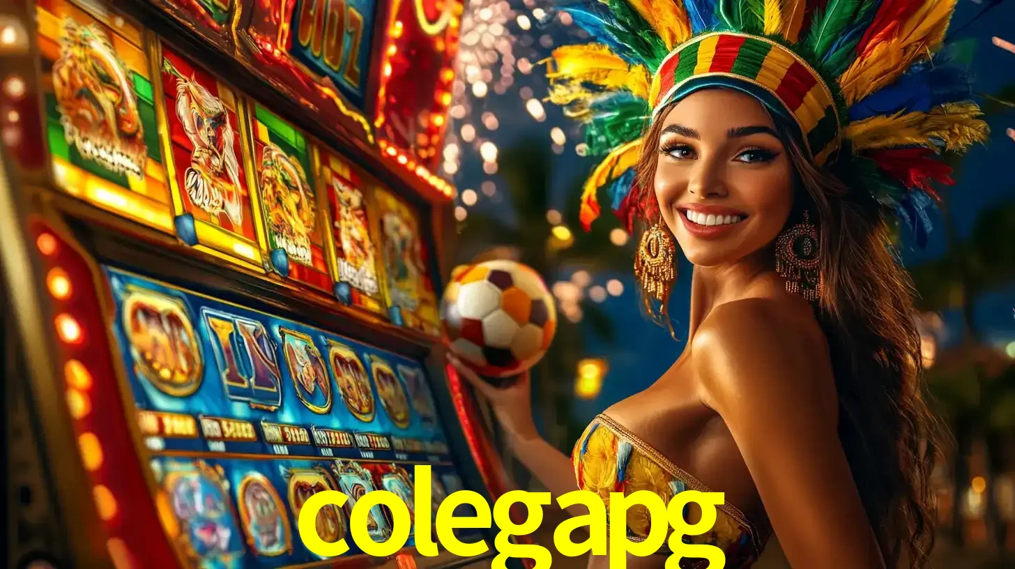 Mulher com um cocar de carnaval ao lado de uma máquina de caça-níqueis enquanto segura uma bola de futebol, mostrando a união da diversão de cassino e esportes no colegapg.