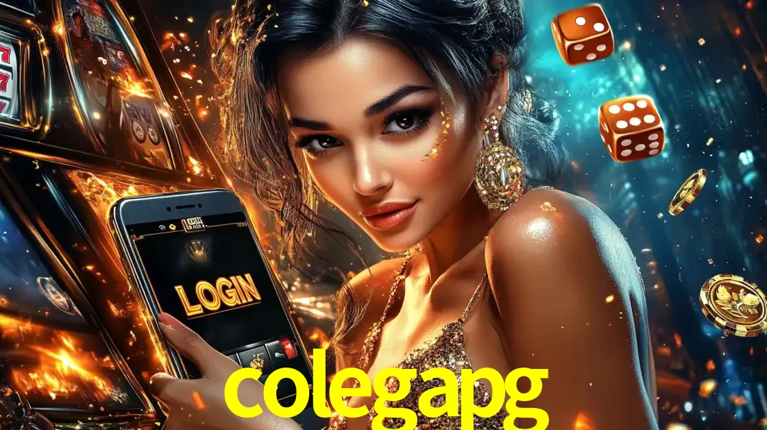 Mulher glamourosa segurando um celular com a tela de login do cassino colegapg, rodeada por dados e moedas douradas, pronta para começar a diversão.