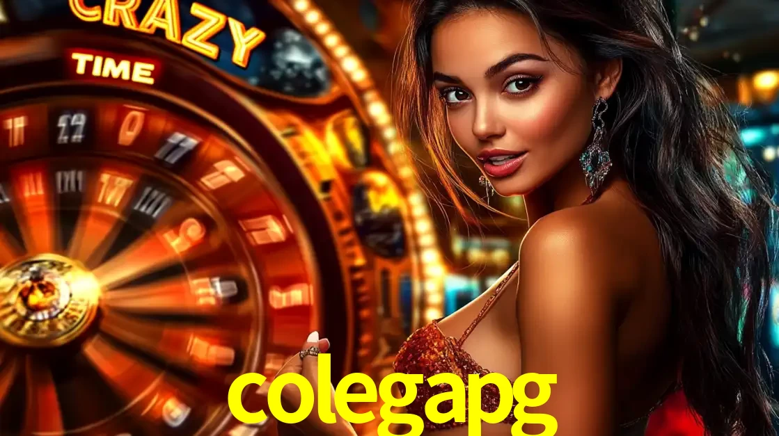 Mulher ao lado da roda de prêmios do jogo de cassino ao vivo Crazy Time, um dos shows de jogos mais emocionantes oferecidos pela plataforma de apostas colegapg.