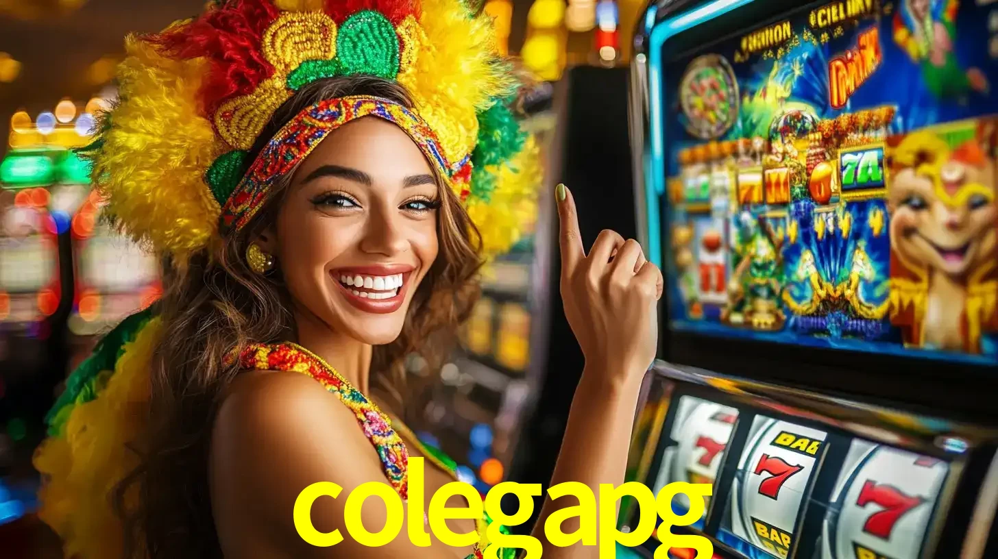 Mulher animada com um cocar de carnaval apontando para uma máquina de caça-níqueis, mostrando a emoção de ganhar um grande prêmio nos jogos do colegapg.