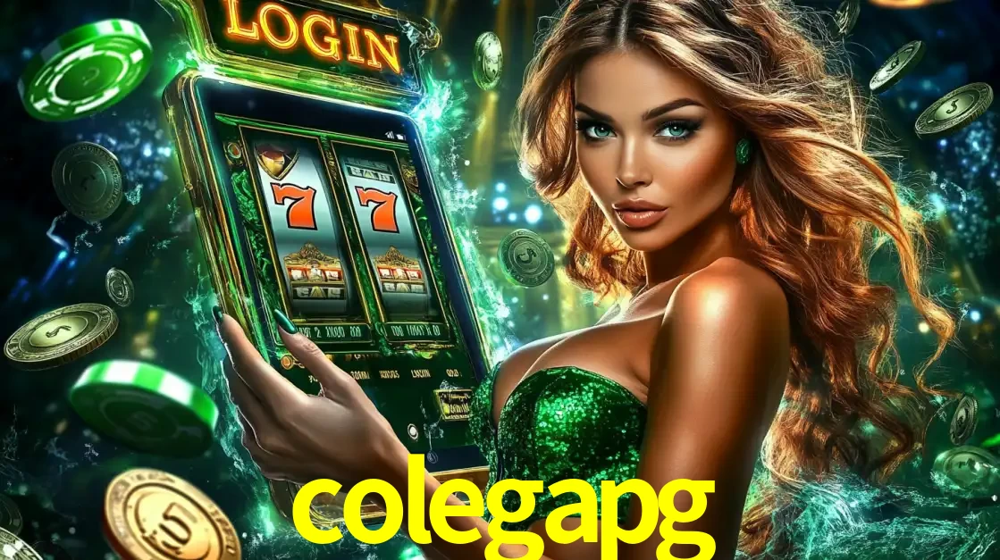 Mulher com tema verde apresentando o aplicativo do cassino colegapg com um jogo de slot de 777, cercada por fichas de cassino e uma aura de sorte.