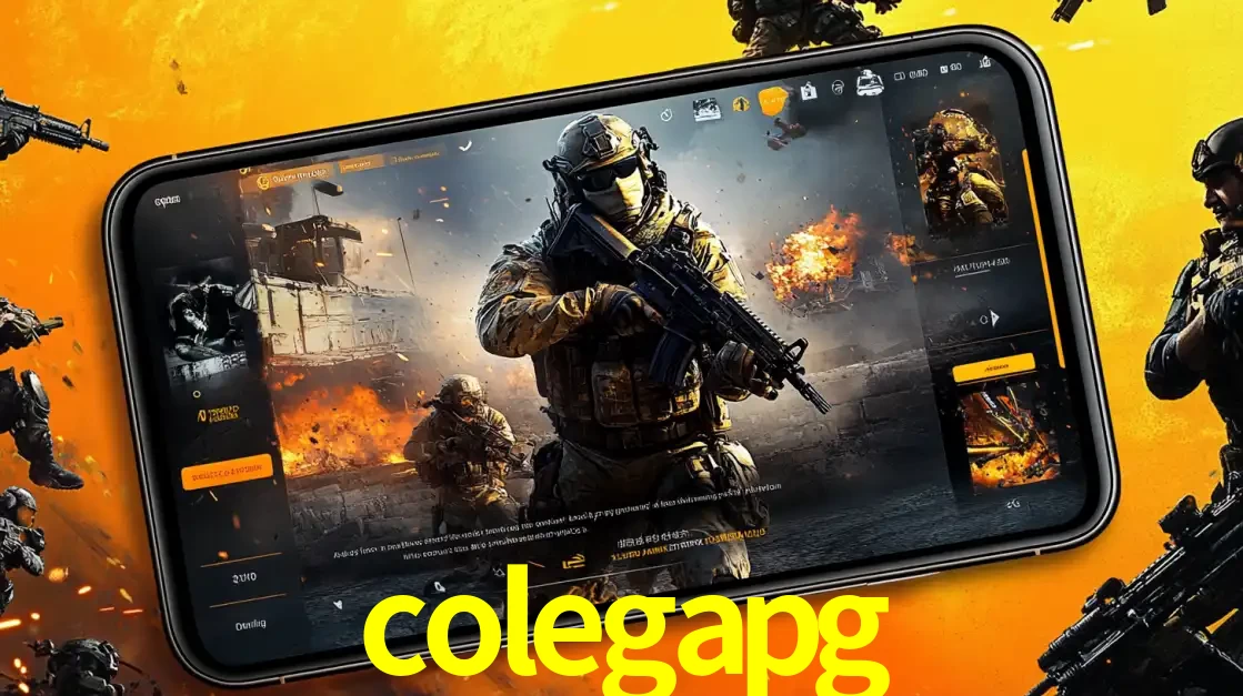 Um smartphone exibindo a interface de um jogo de tiro em primeira pessoa, com um soldado em um cenário de batalha, representando a ação dos e-sports para apostar no colegapg.