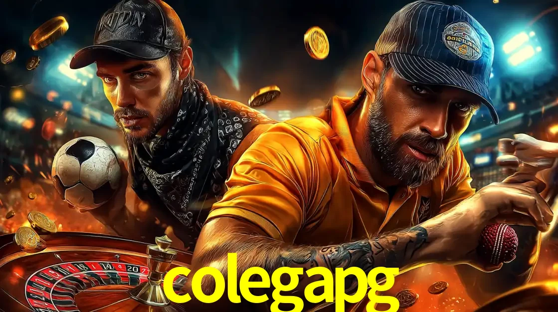 Montagem de apostas esportivas e cassino no colegapg, com um homem segurando uma bola de futebol e outro uma de beisebol sobre uma roleta e moedas voadoras.