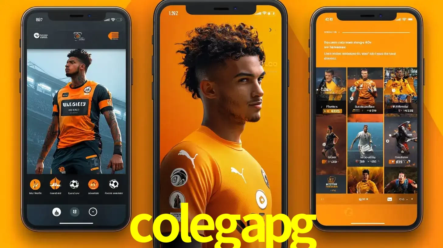 Interface do aplicativo de apostas esportivas colegapg em três telas de celular, mostrando o perfil de um jogador de futebol e a lista de jogos disponíveis para apostar.
