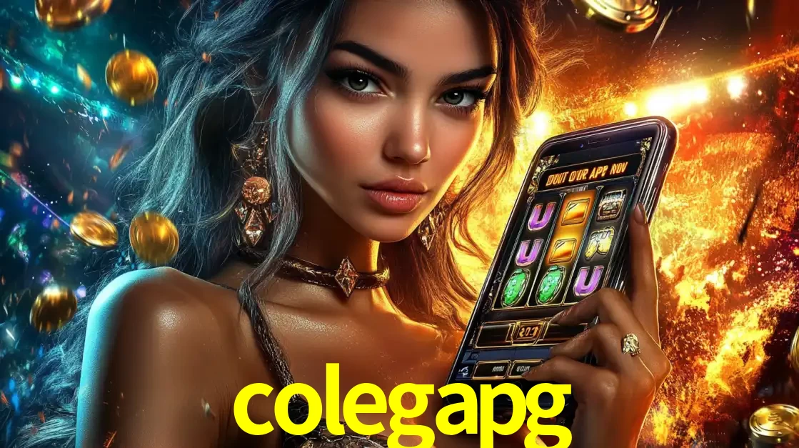 Mulher elegante mostrando um jogo de caça-níqueis em seu smartphone, destacando a experiência de cassino móvel oferecida pelo aplicativo colegapg.